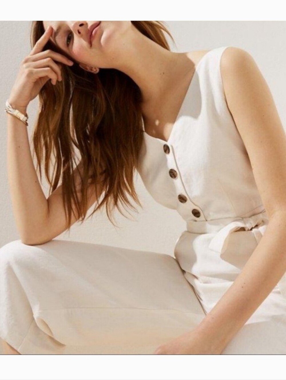 LOFT Cream Sleeveless Button-Front Wide-Leg Linen Jumpsuit